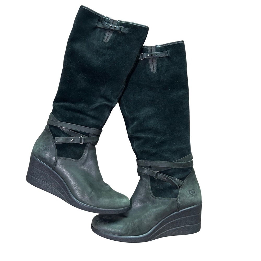 UGG Australia Women Black Waterproof Leather Suede Wedge Tall Boots Size 8